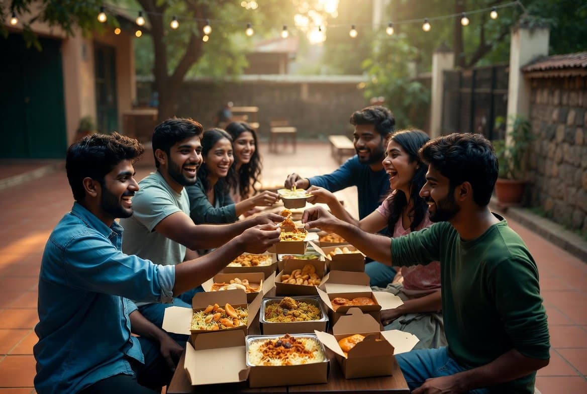 Neighbours sharing a meal together at a community table