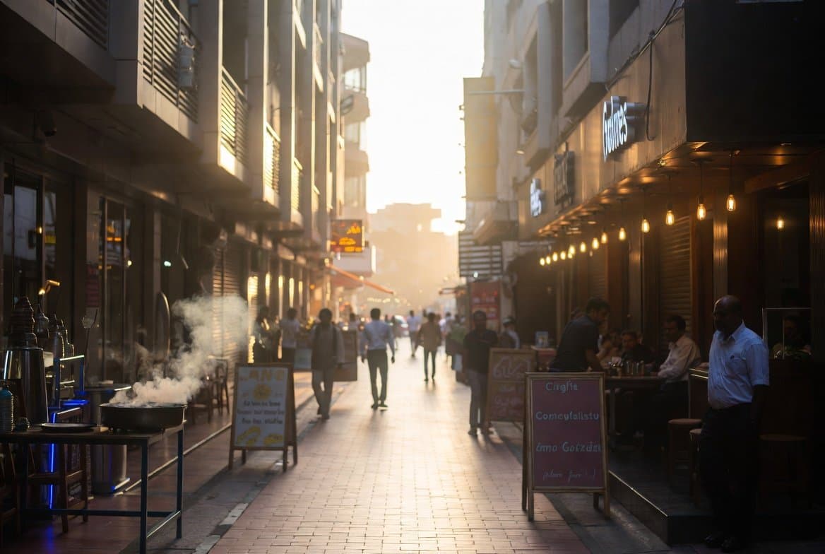 A bustling Hyderabad food street lined with independent cafes and family-run eateries